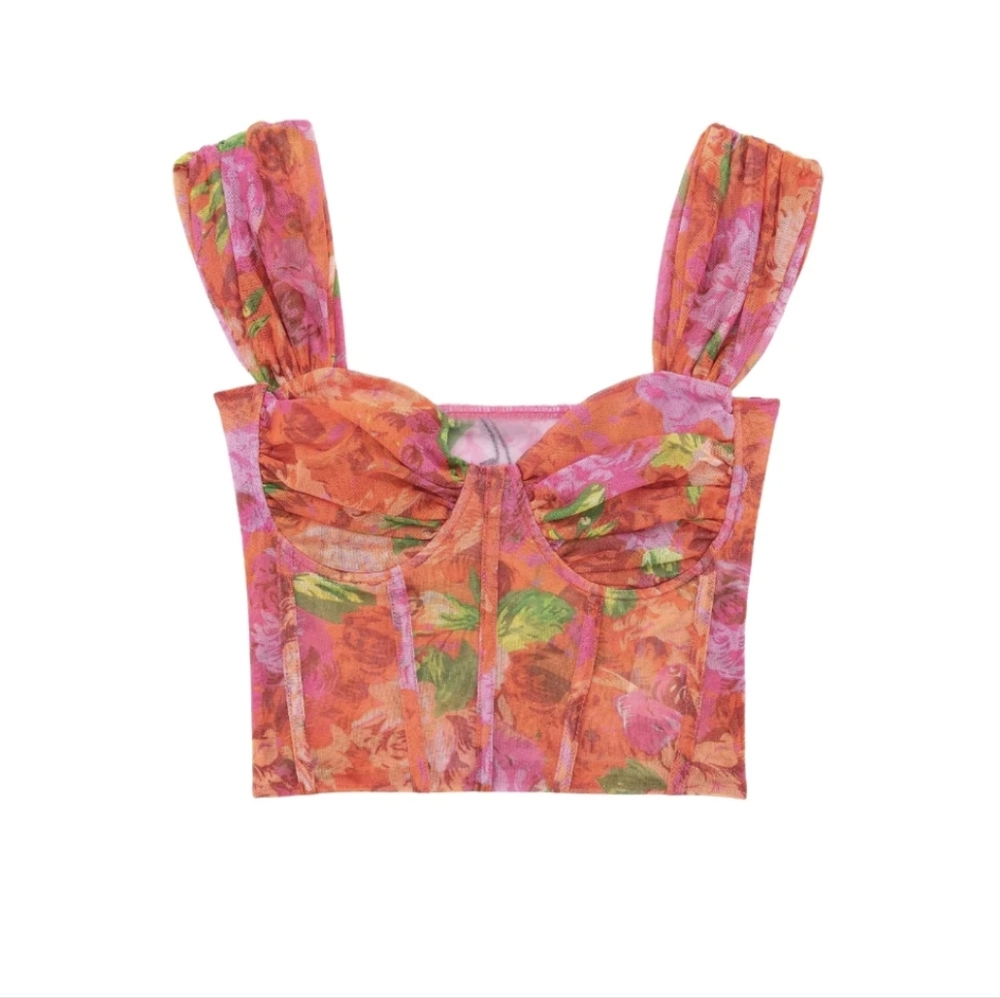 Floral Pink Orange Ruched Crop Top